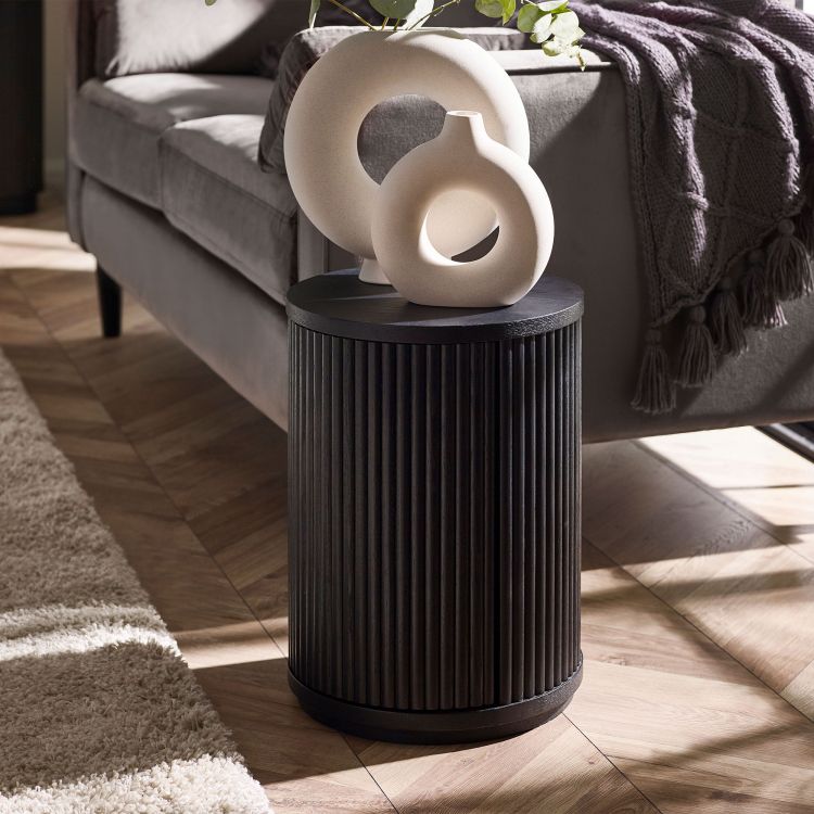 Louis Black Fluted Side Table with Door